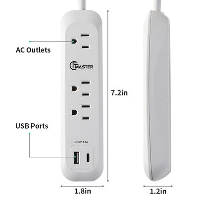 3 outlet Power Socket 1.5FT Cord, USB Surge Protector