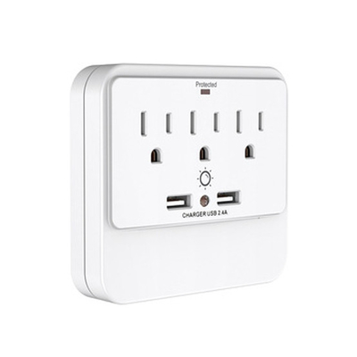 Wall Power Socket And Wall Tap One Input 3 Outlet 2 USB Surge Night Light UL cUL passed
